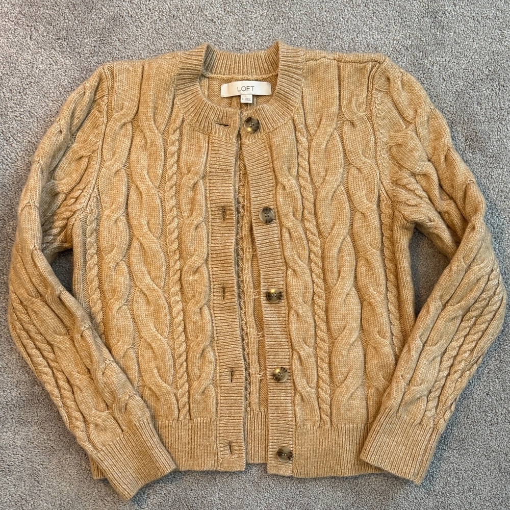 Loft cable cardigan, size small, camel color